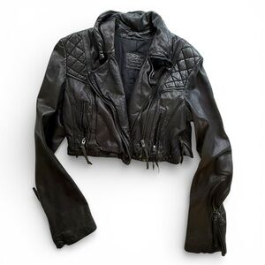AllSaints Cropped Leather Biker Jacket Quilted Shoulders Zip Cuffs